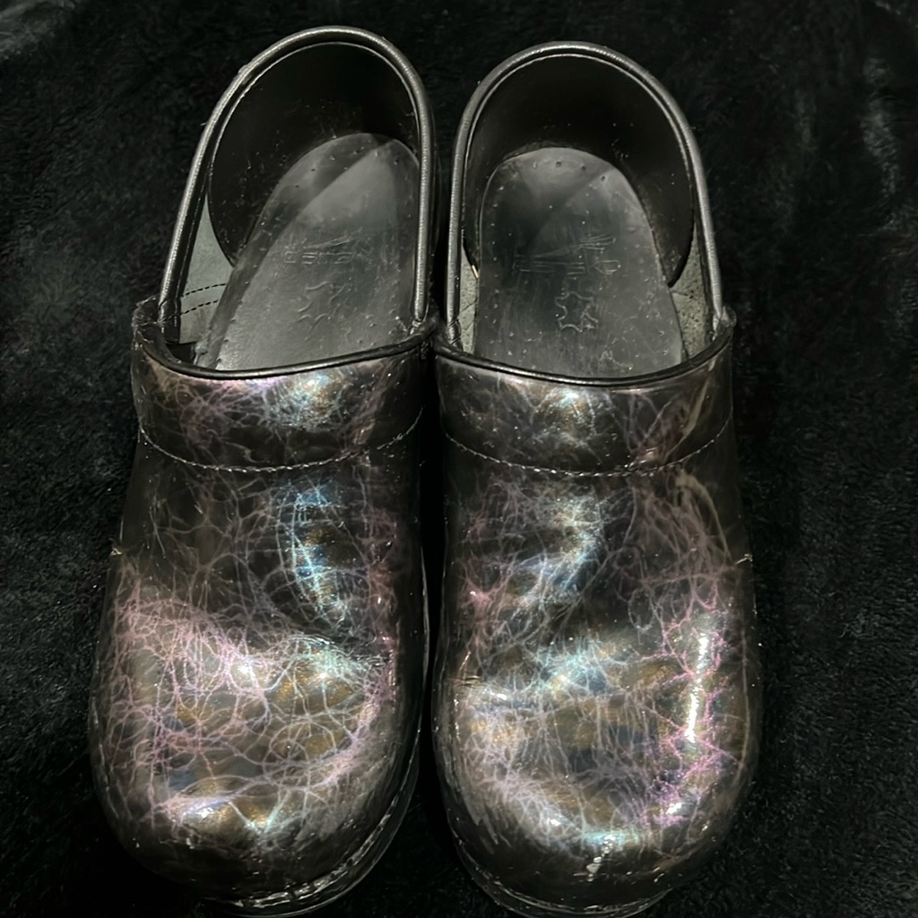Iridescent Patent Swirl Dansko Clogs